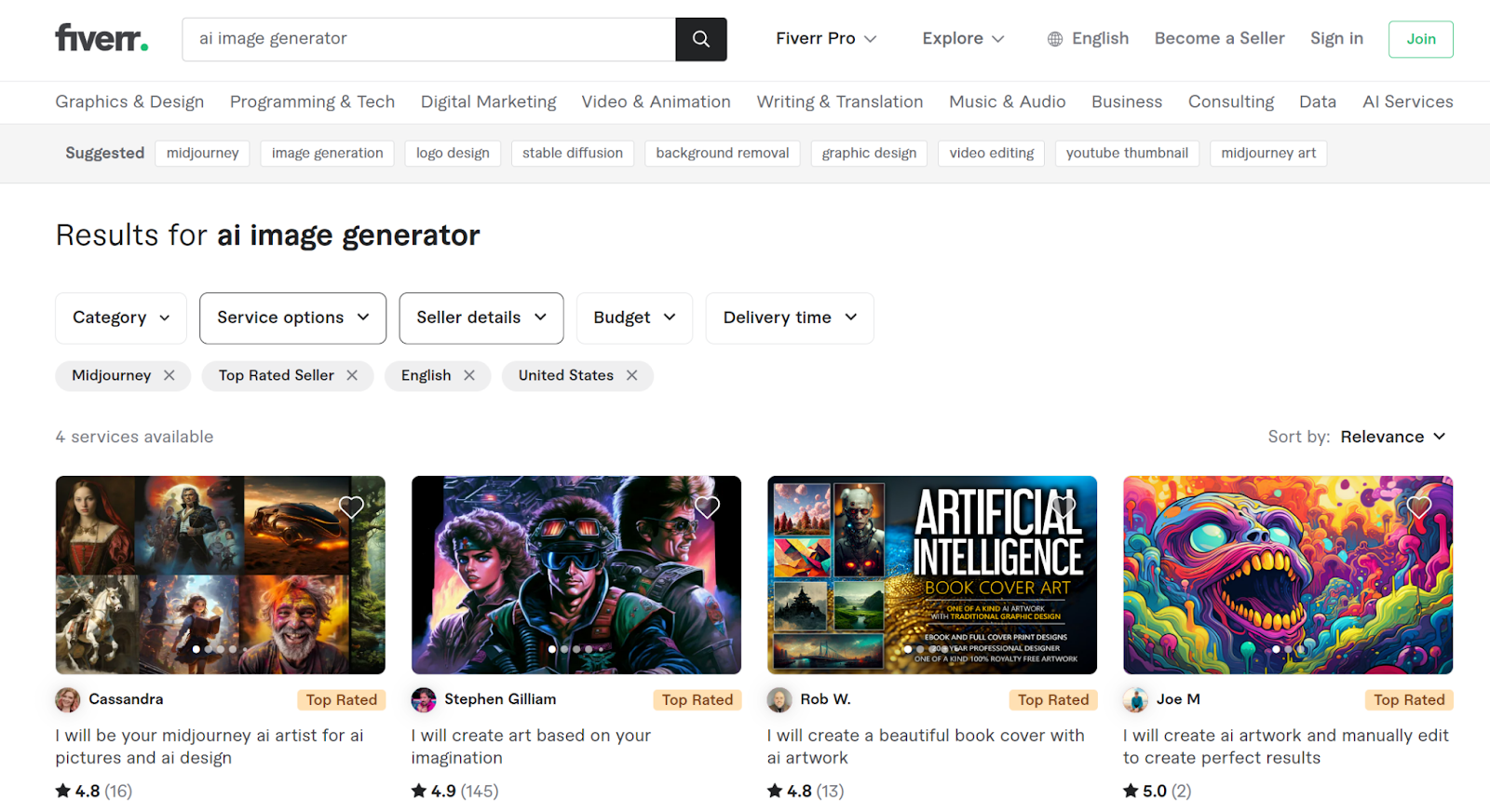 Screenshot of Fiverr services for "AI image generator"