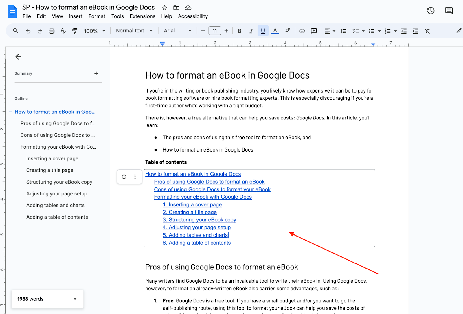 adding table of contents in google docs