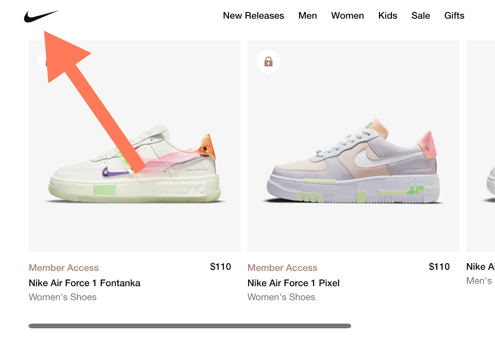 Nike keeps its brand logo on the sticky menu for a clean look