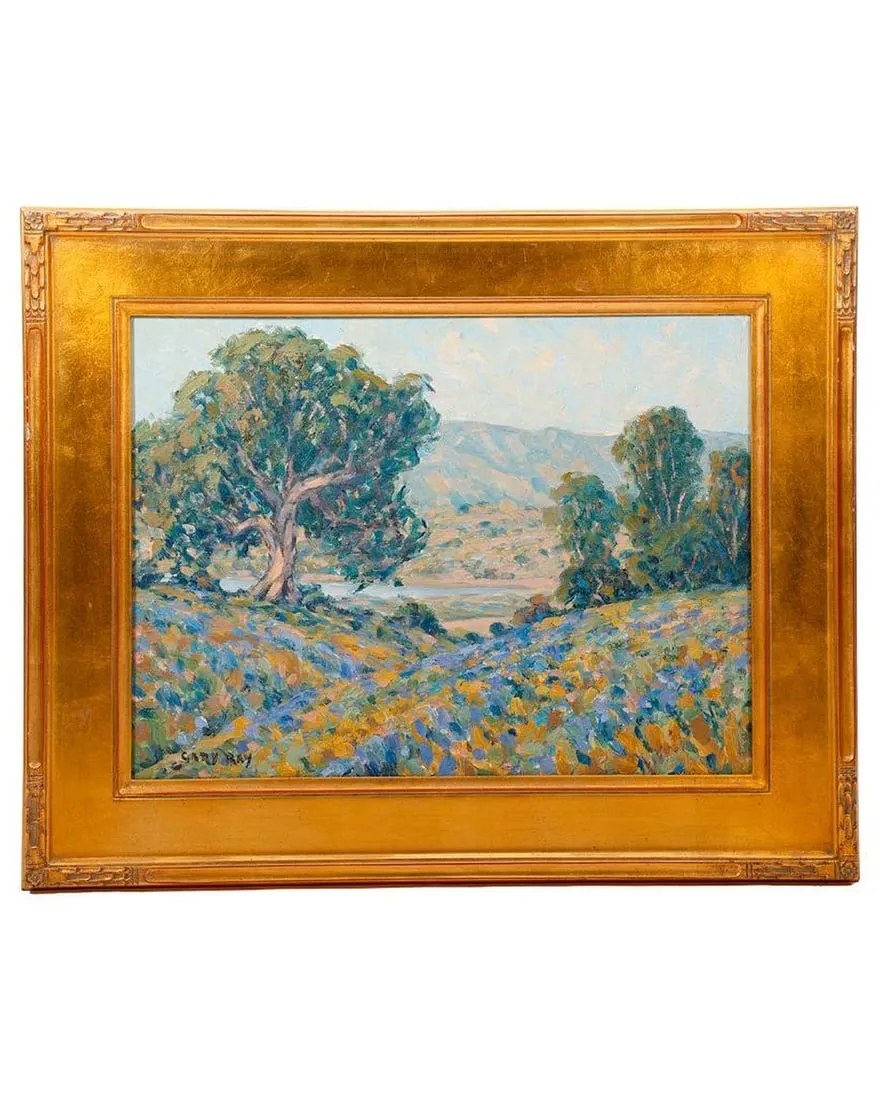 A painting of trees in a gold frameDescription automatically generated