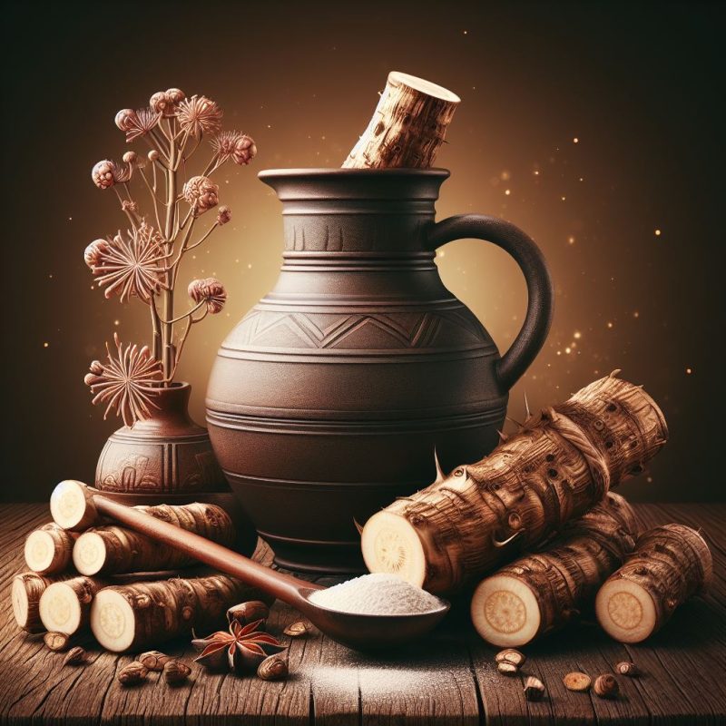 Earthenware jug with intricate patterns, accompanied by dried botanicals, sliced wooden logs, a wooden spoon with white granules, and assorted spices, set against a warm, ambient background with glowing particles.