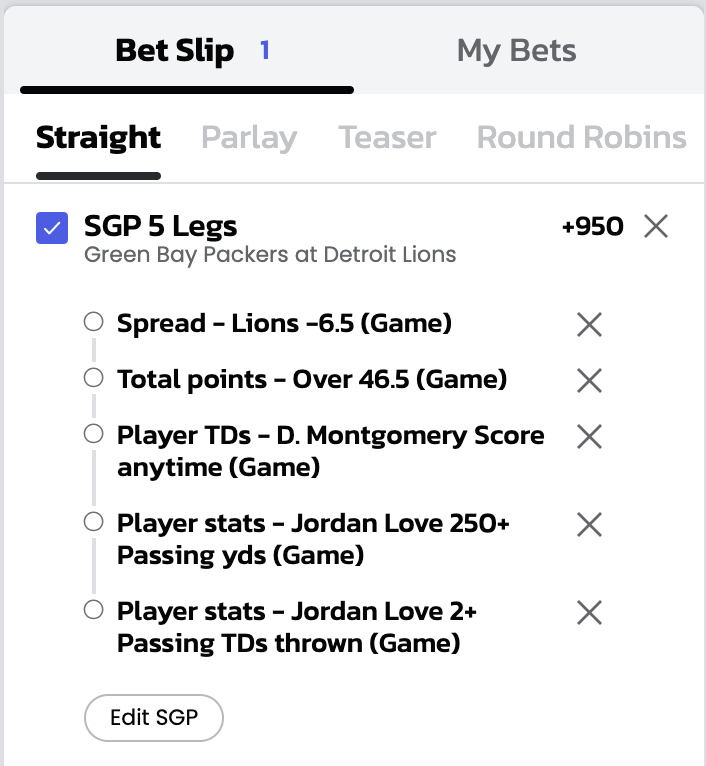 Packers / Lions Bet Slip