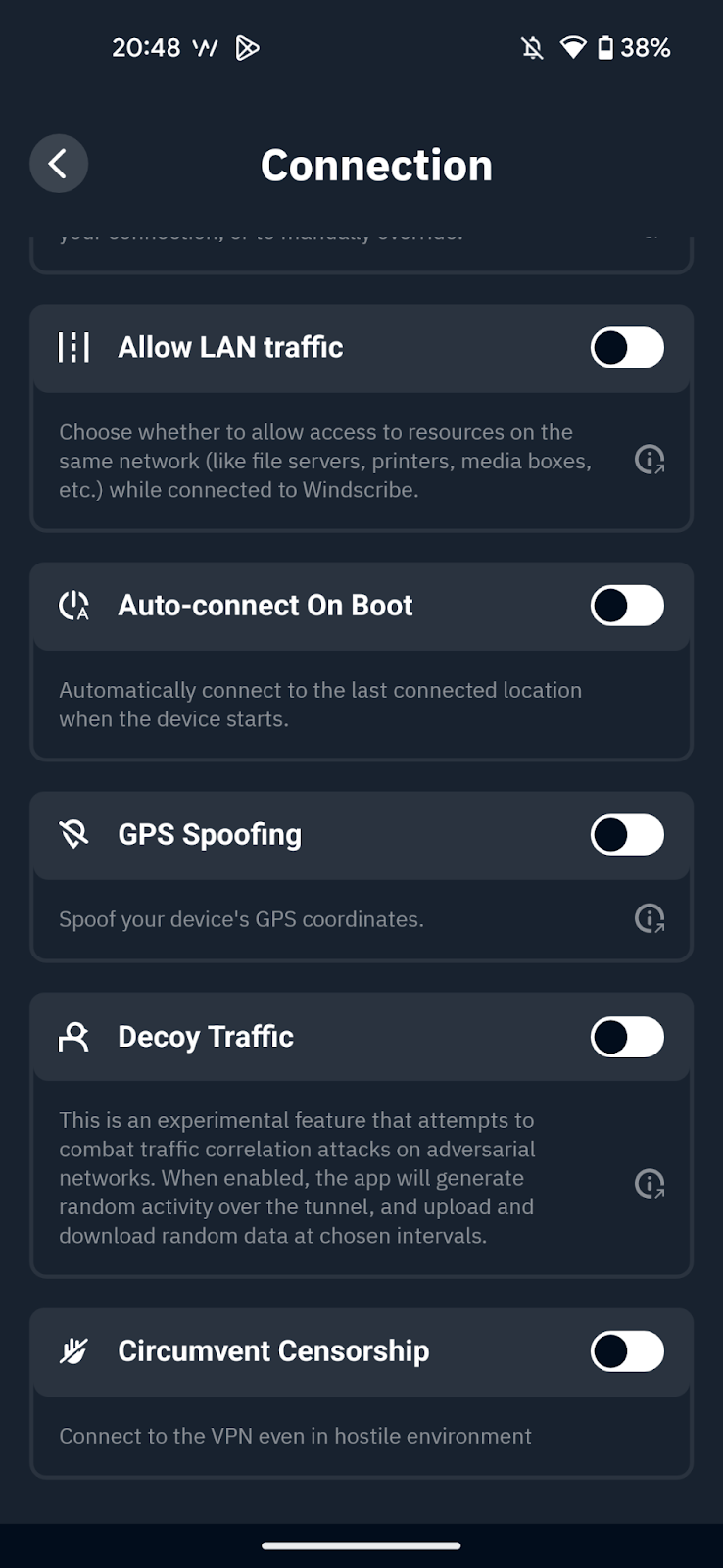 Screenshot of Windscribe's Anti-Censorship features, including Decoy Traffic Mode