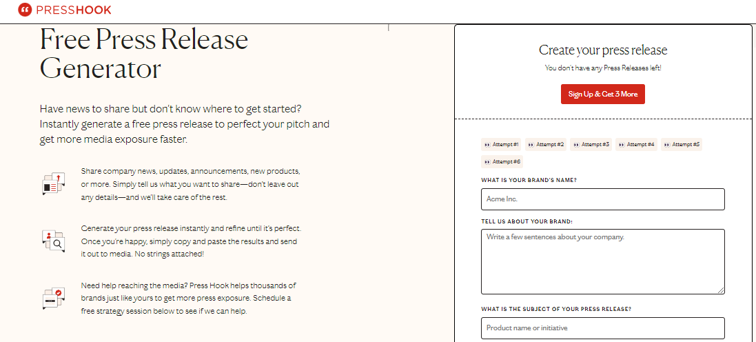 Press Hook's Free Press Release Generator