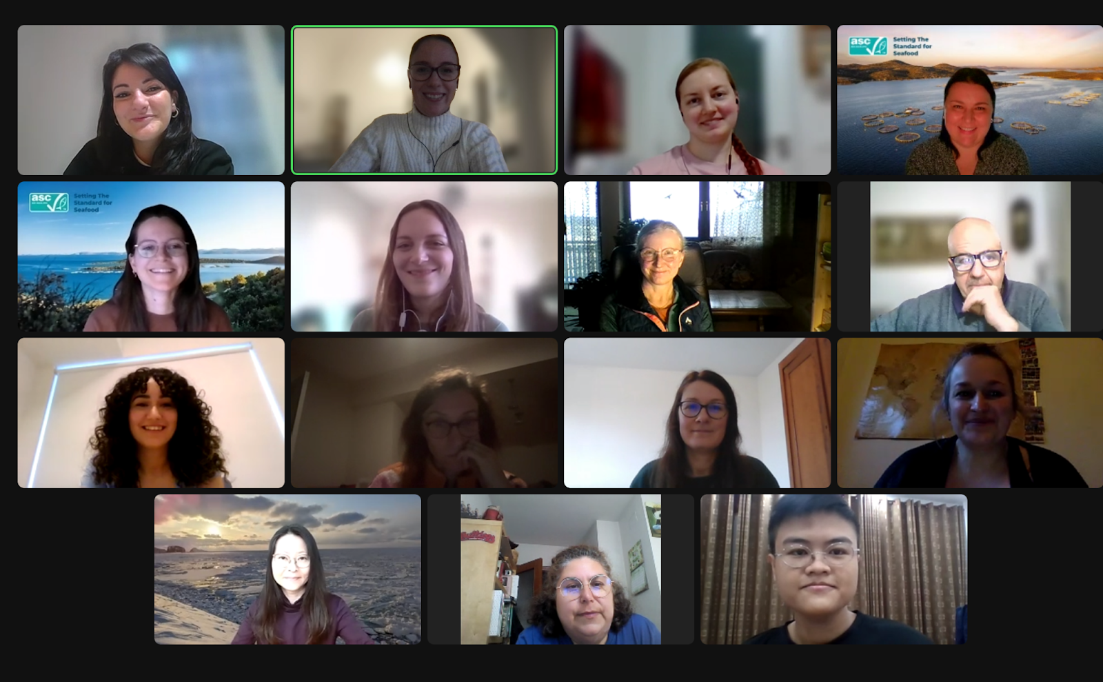 A zoom meeting showing 15 participants smiling for the camera. They're all in different locations with different backgrounds