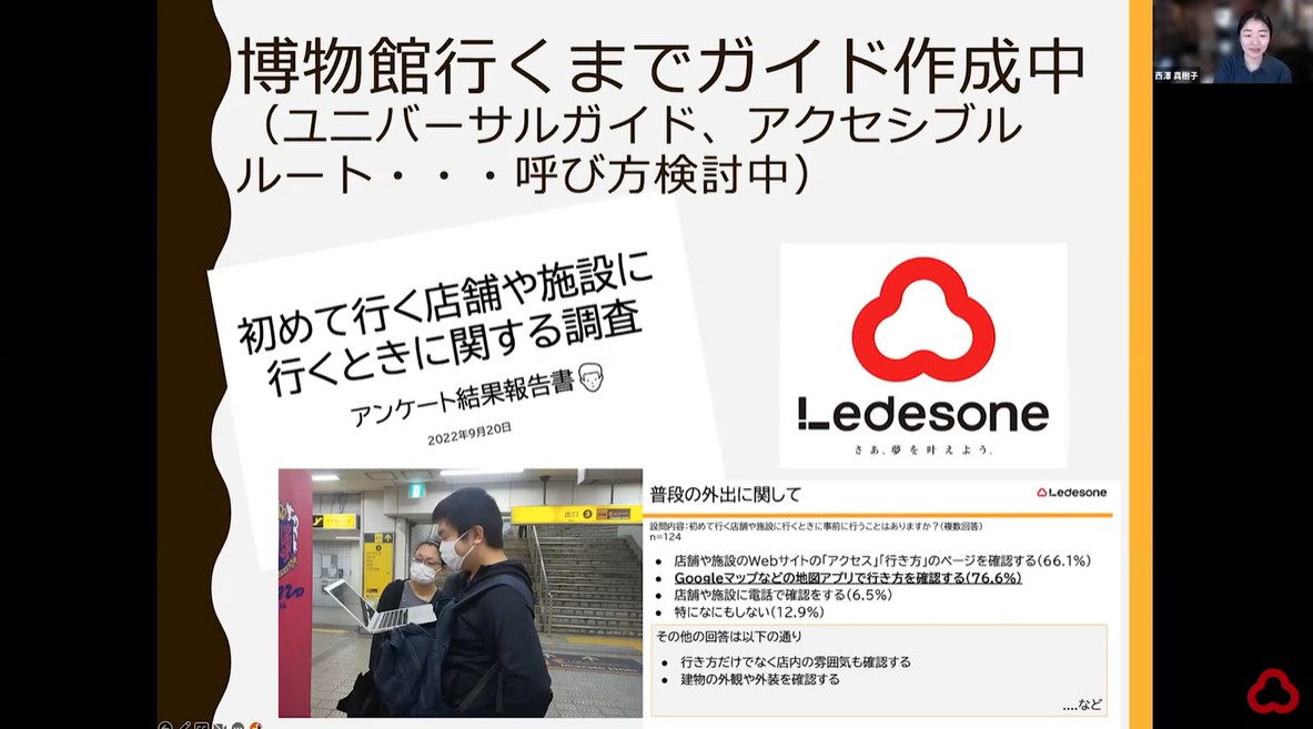 西澤さんがzoomを介してLedesoneとの取り組みについてオンラインでプレゼンしている様子のスクリーンショット
一枚のスライドが共有されている。
Ledesoneのロゴと活動の記録写真等が掲載されており、文章の記載がある。
以下文章
博物館に行くまでガイド作成中
（ユニバーサルガイド、アクセシブルルート ・・・呼び方検討中）