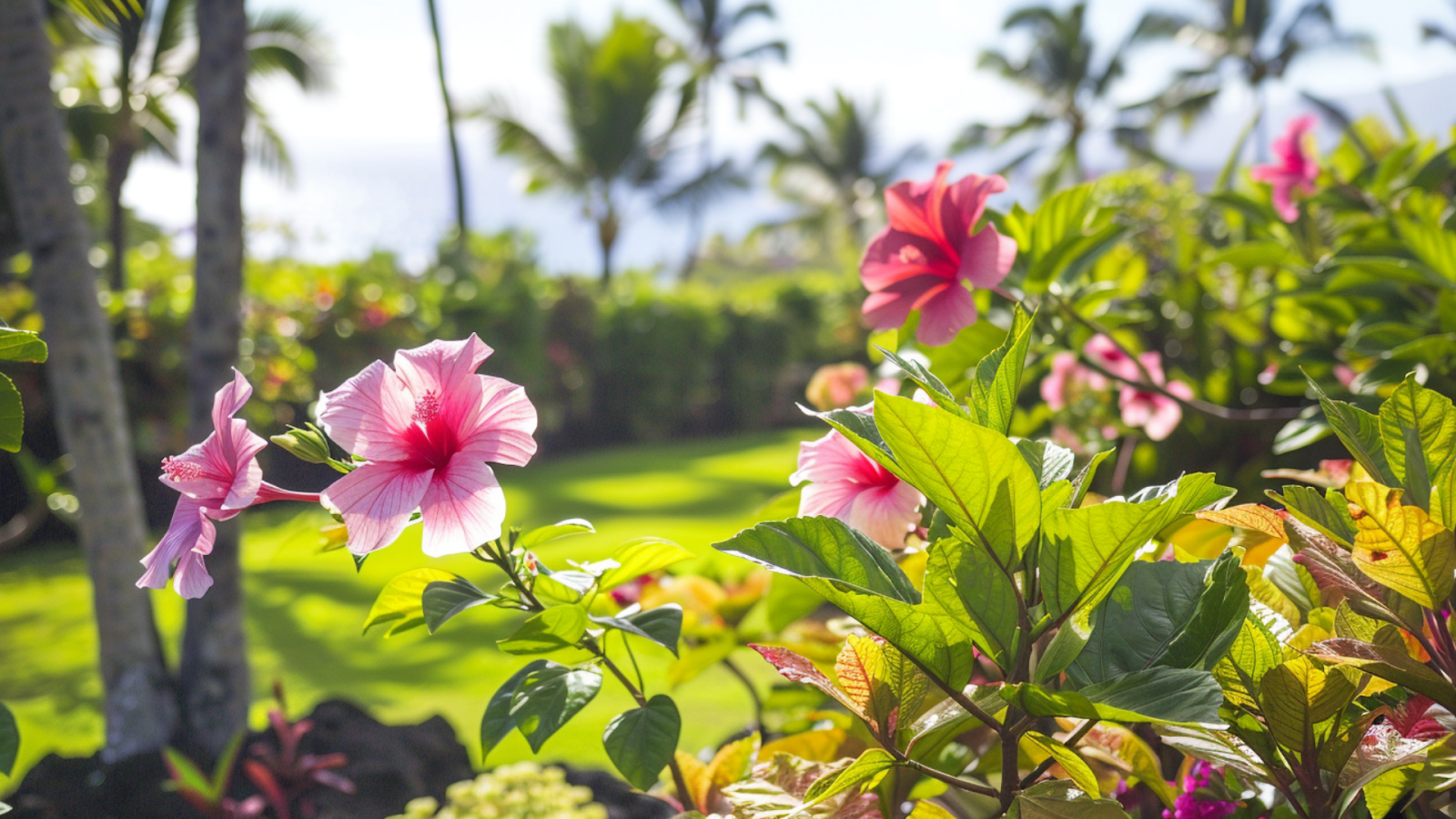 Pink hibiscus flowers in a garden in Hawaii