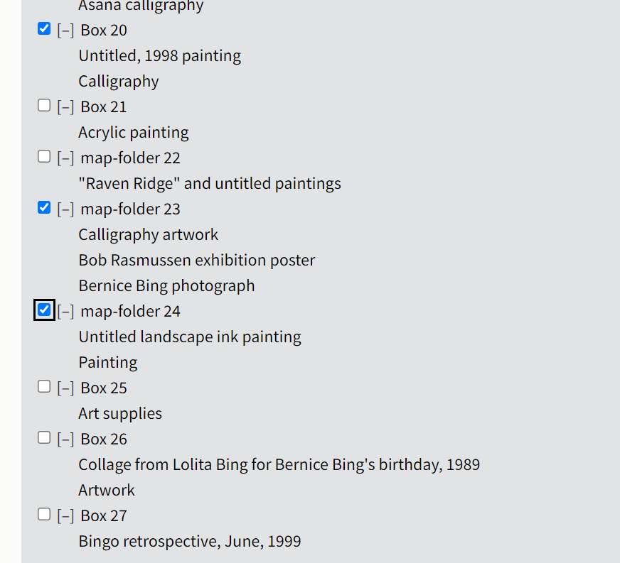 Bernice Bing finding aid with selected boxes checked to request for use on-site.