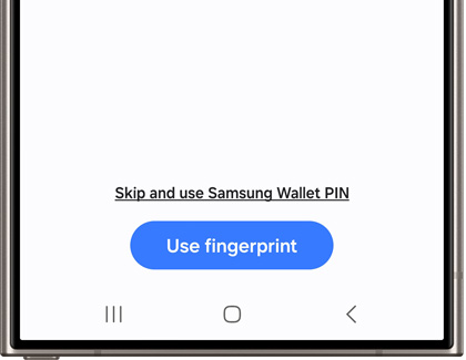 Text displaying Skip and use Samsung Wallet PIN underlined, accompanied by a blue button labeled Use fingerprint