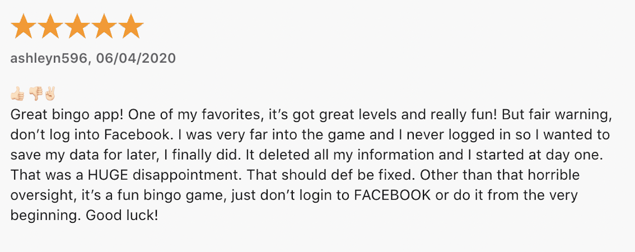 A five-star Bingo Smash review from someone who had issues initially connecting to the game, but enjoyed their overall experience. 