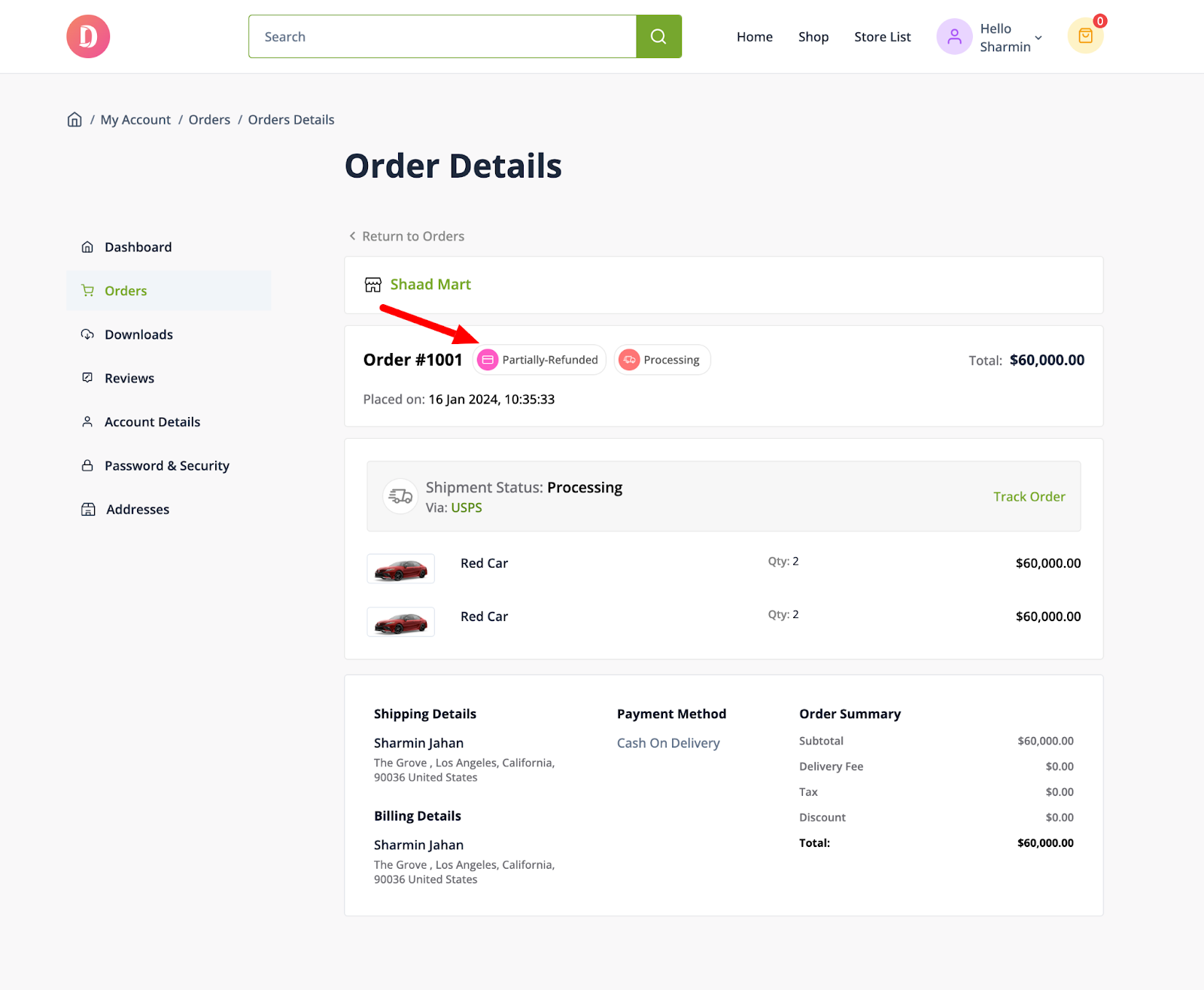 This screenshot shows a partially refunded order details 