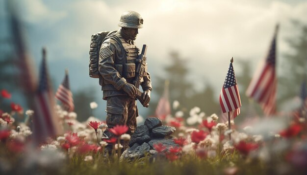 Statue of American Veteran in Uniform Standing Over Grave
