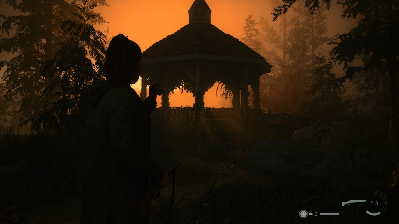 An in game screenshot of the gazebo in the rental cabins area in Cauldron Lake from Alan Wake 2