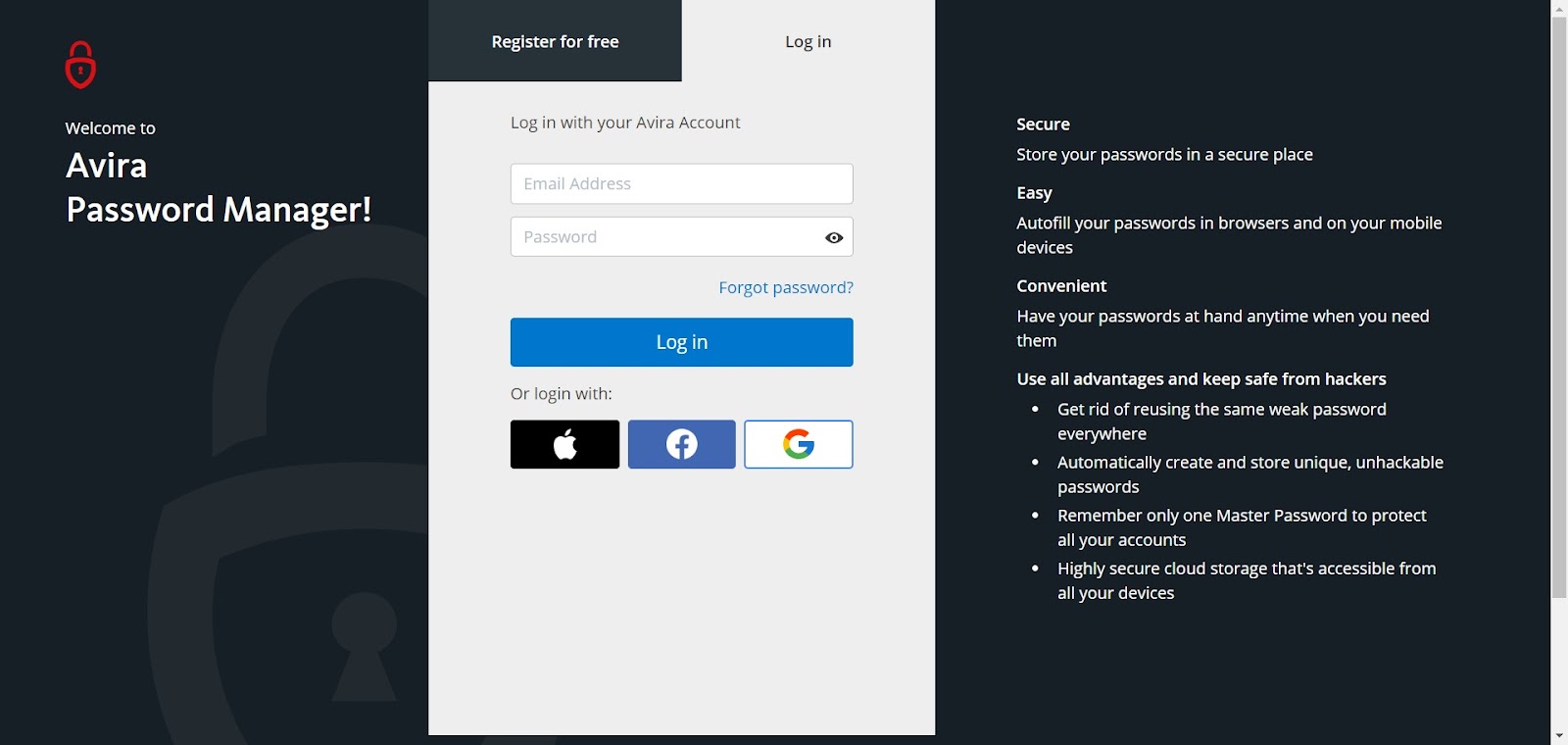 A screenshot of Avira Password Manager's website