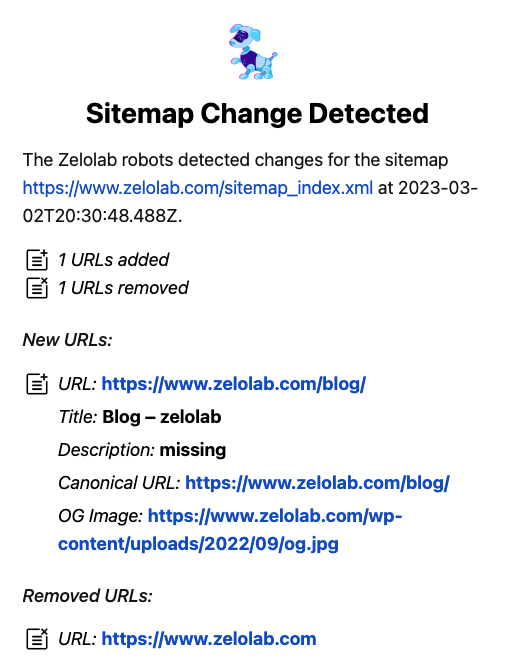 Preview of Sitemap Change alert email 