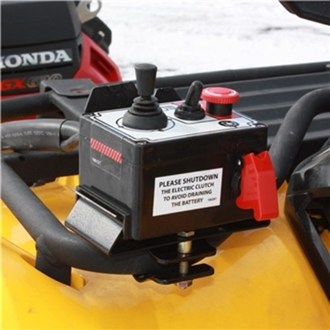 A close-up image of a Bercomac Can-Am Maverick X3 Snowblower control box, mounted on a vehicle and complete with engine, clutch, and chute controls.