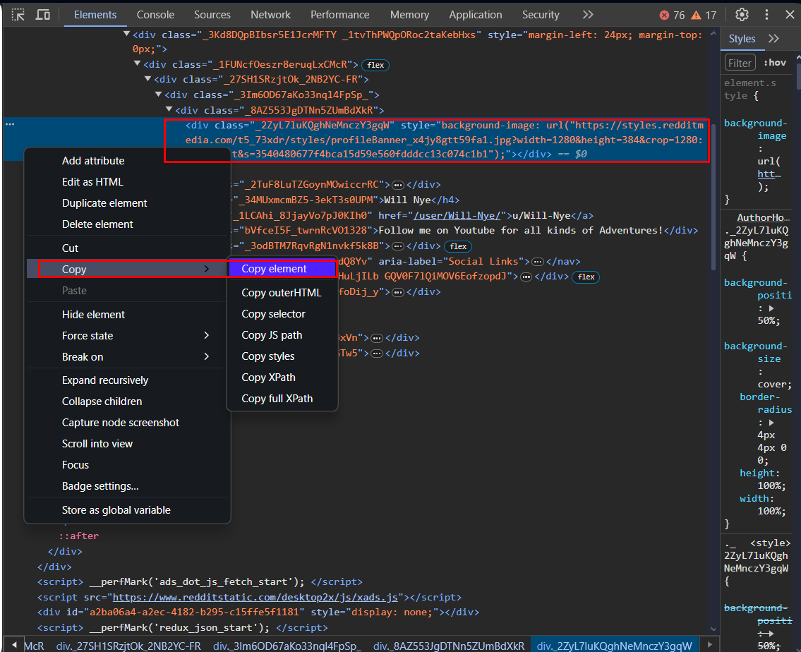 Figure 7 - Copy the HTML code of the Reddit user profile header image