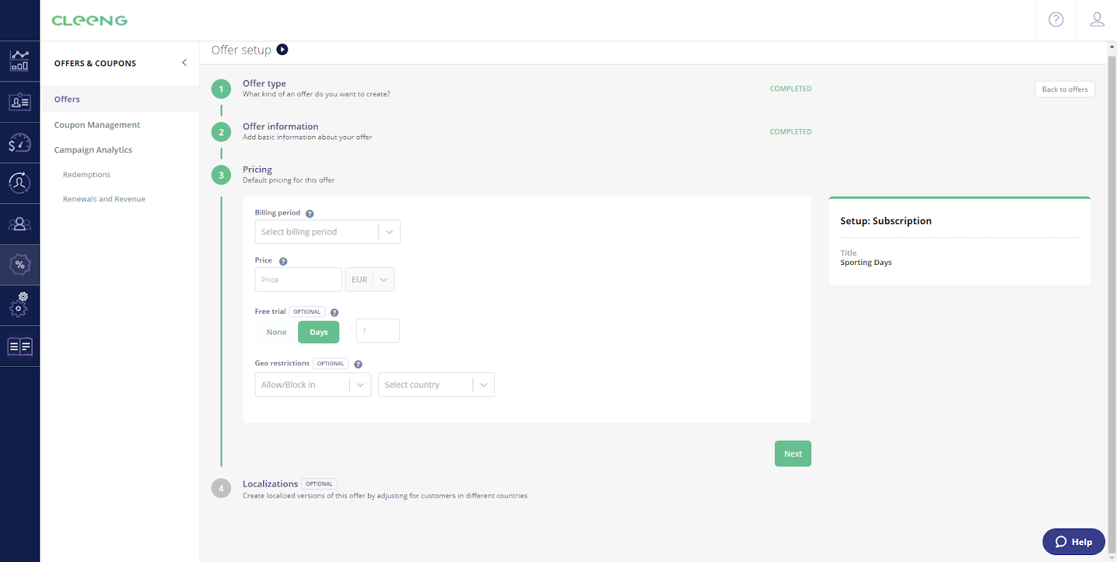 coupon offer set up, core cleeng