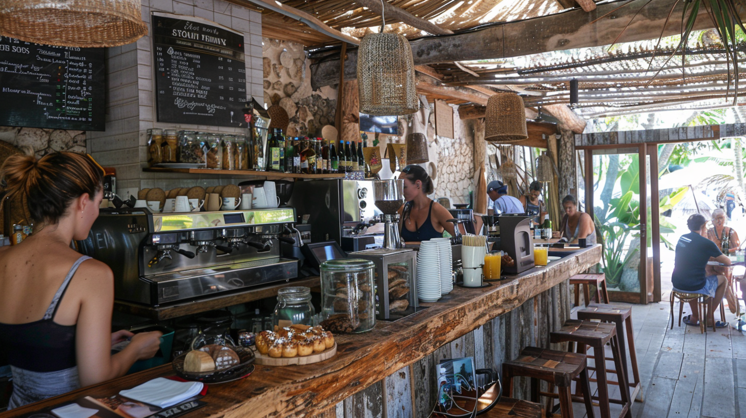 A bustling brunch spot in Tulum with patrons seated at tables