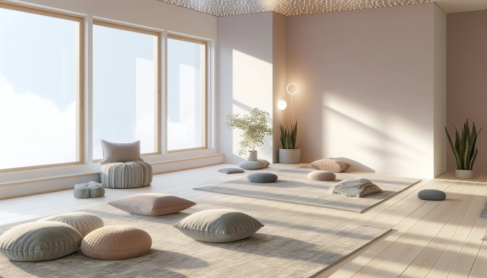 A serene room with soft lighting and comfortable cushions for learning to meditate