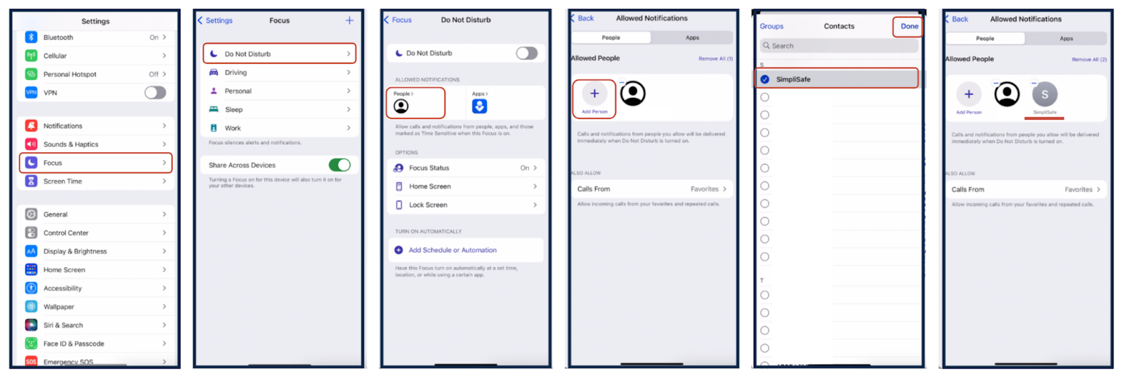 How to allow monitoring center's call through Do Not Disturb on iPhone, highlighting steps 2-7