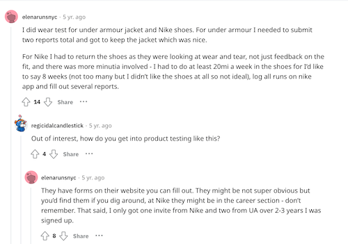 A product tester on Reddit describing their experience testing for Under Armour and getting to keep the jacket and testing for Nike and having to return the shoes. 