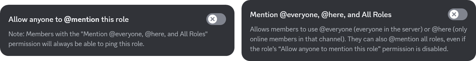 The "Allow anyone to @mention this role" option of a Discord role and the "Mention @everyone, here, and All Roles" permsision of a Discord role
