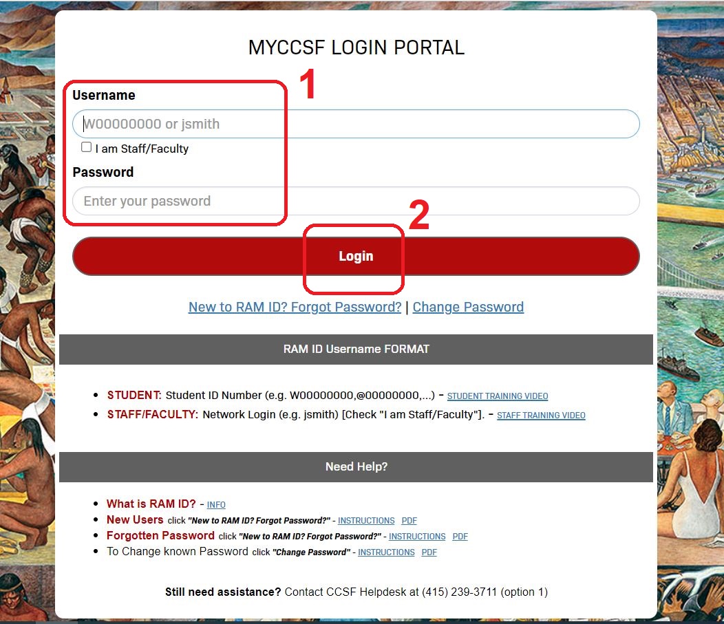capture of myCCSF RAM ID login screen with Username, Password, and Login options highlighted