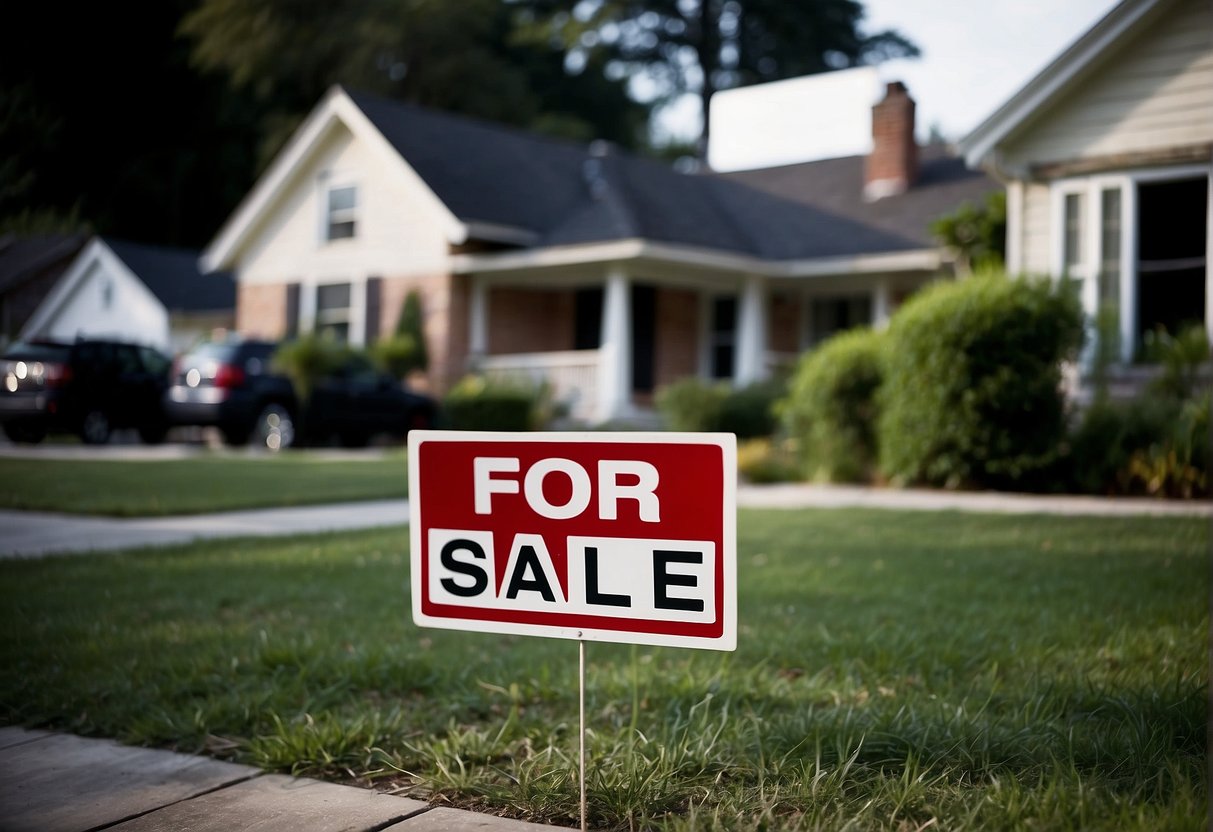 A "For Sale" sign sits neglected in front of a charming house, while a crowd of potential buyers flocks to a neighboring property with a bold "SOLD" sign