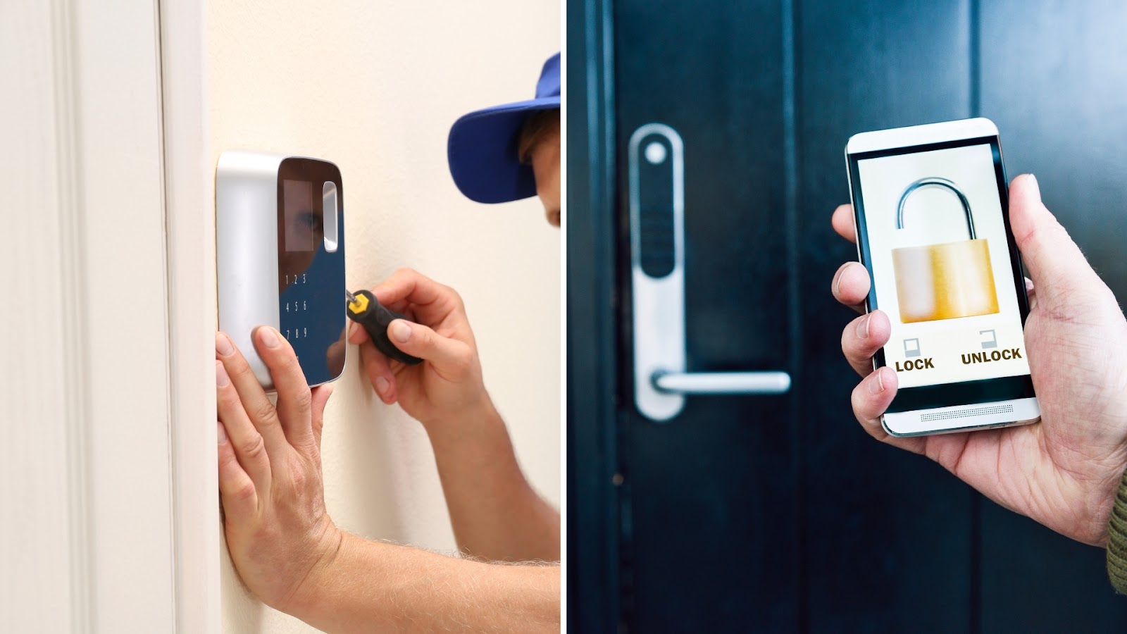 On the left: a technician installing an alarm lock

On the right: A user unlocking an alarm lock using a smartphone app