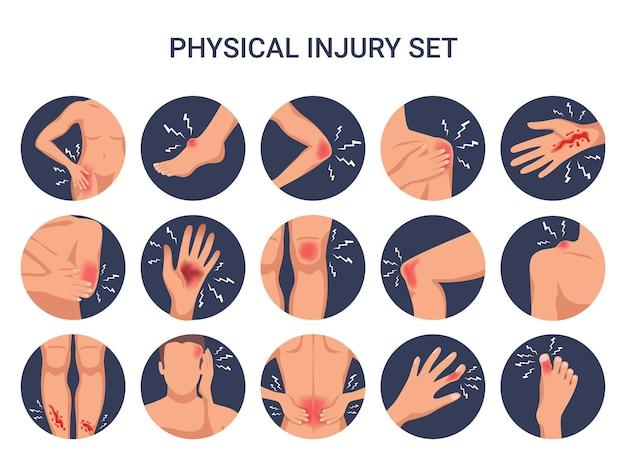 Free vector human body physical injury round flat set with shoulder knee finger burn cut wounds isolated