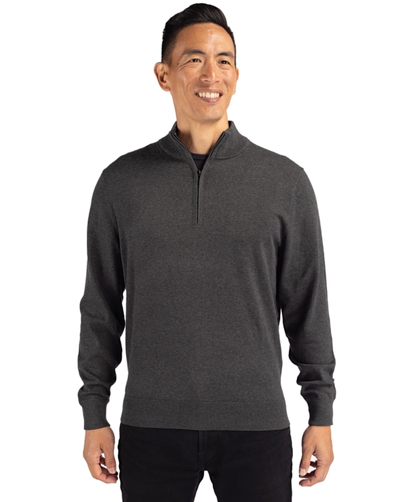 Man wearing Cutter & Buck Lakemont Tri-Blend Mens Big and Tall Quarter Zip Pullover Sweater in Charcoal Heather/Dark Grey