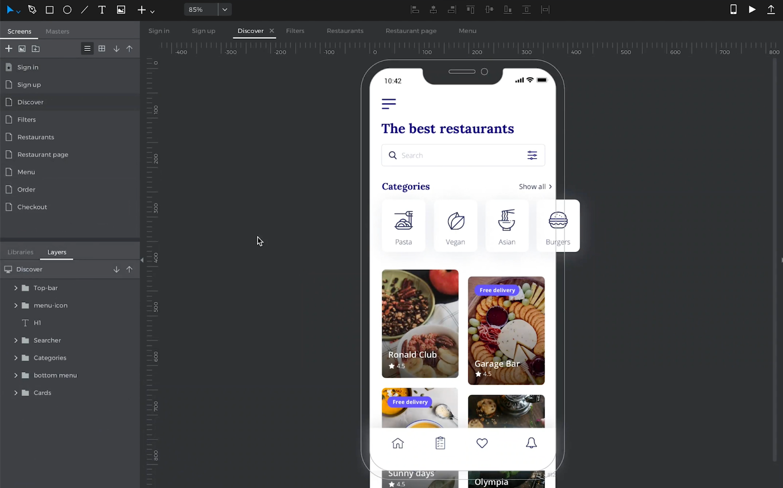 A restaurant app being built in Justinmind’s editor.