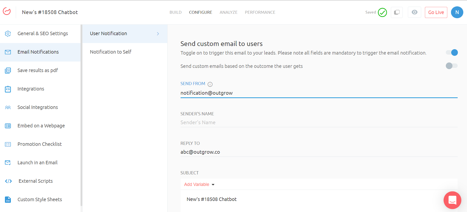 Email configuration feature of Outgrow's chatbot builder