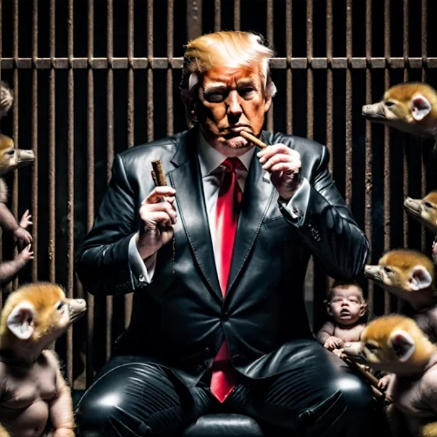 Trump wearing hint suit smoking in a cage with half animals and half babies