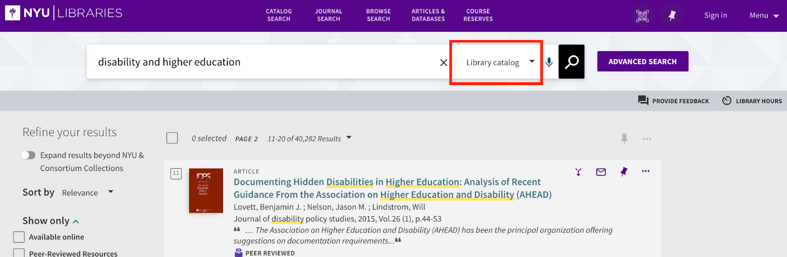 Screenshot of the catalog search bar. A red box highlights a drop down menu to the right of the search bar that reads "Library Catalog."