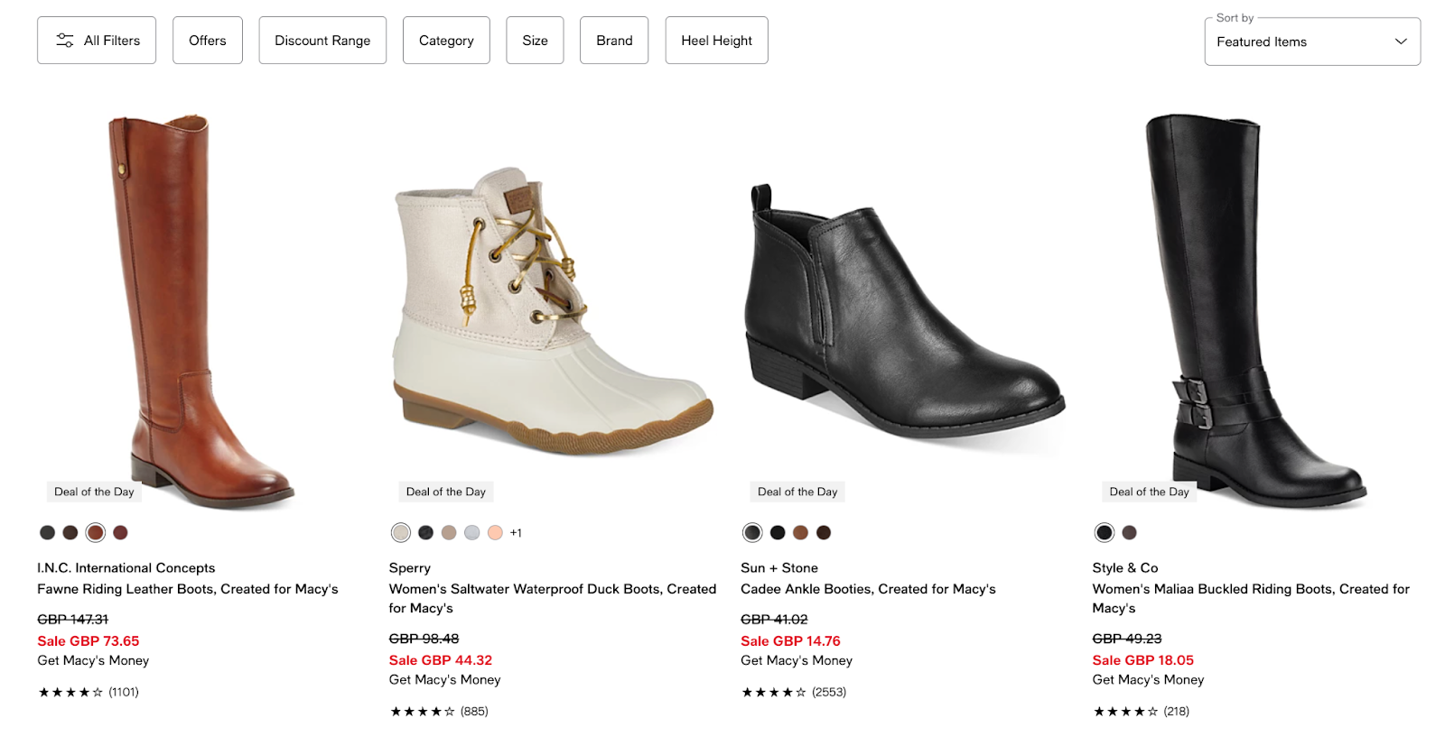 Screenshot from Macy’s showing different brand options of boots side by side.