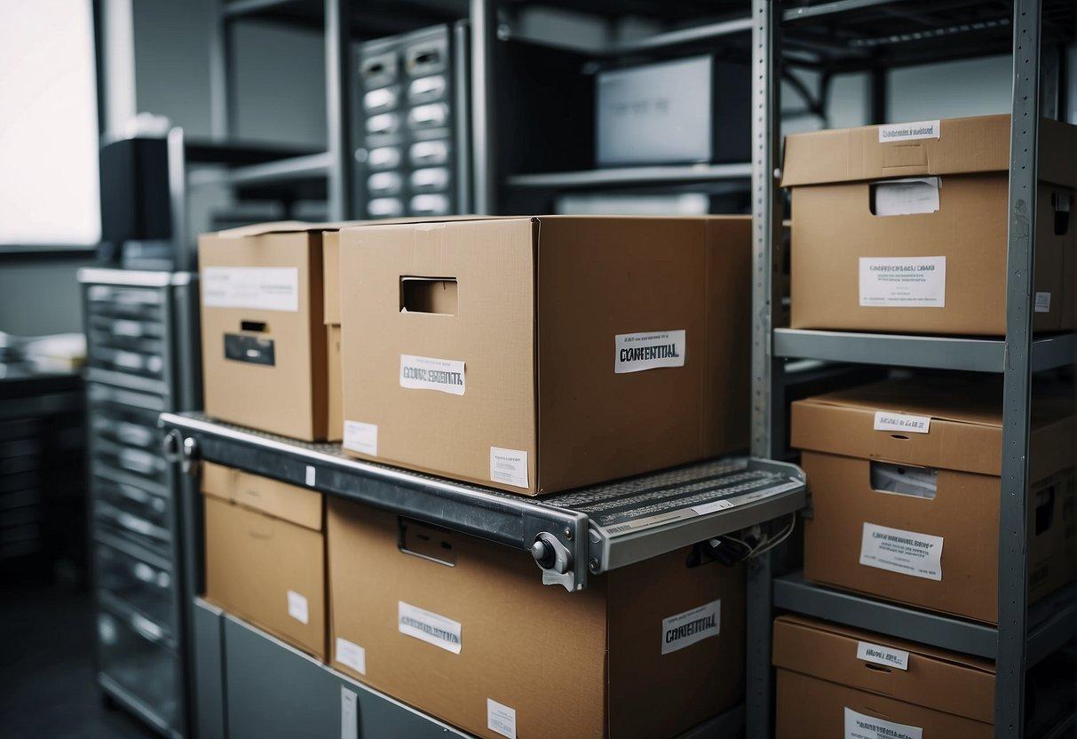 Sensitive data and equipment locked in a secure cabinet. Moving boxes labeled "confidential" and "do not open." Office movers using hand trucks to transport items