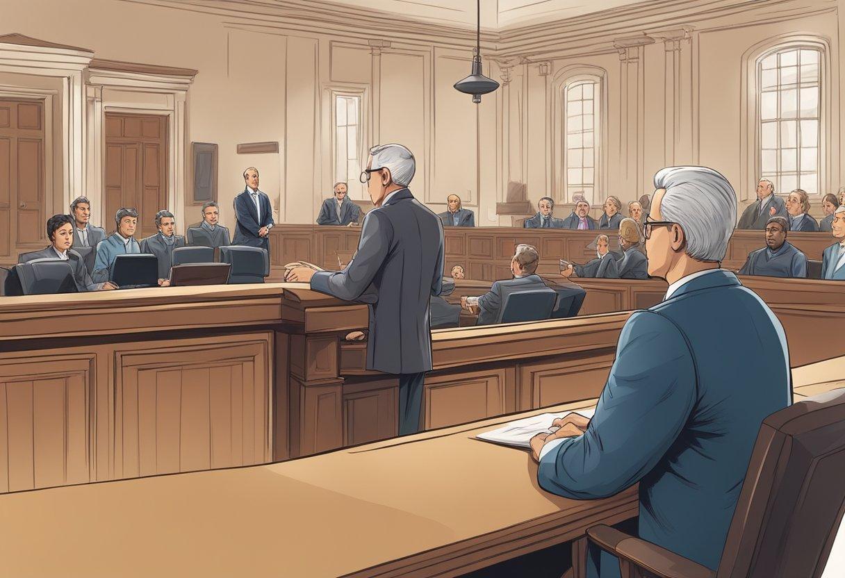 A courtroom scene with a lawyer presenting evidence to a jury, while a judge presides over the trial. The atmosphere is tense and serious, with the focus on legal proceedings and the pursuit of justice