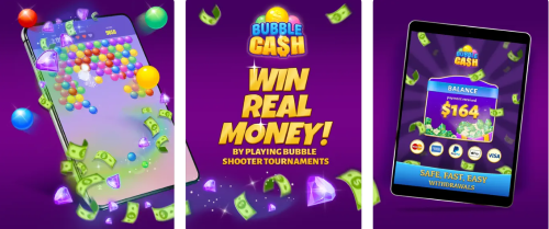 Bubble Cash screenshots from the Apple App Store showing the game in play and a balance of $164.