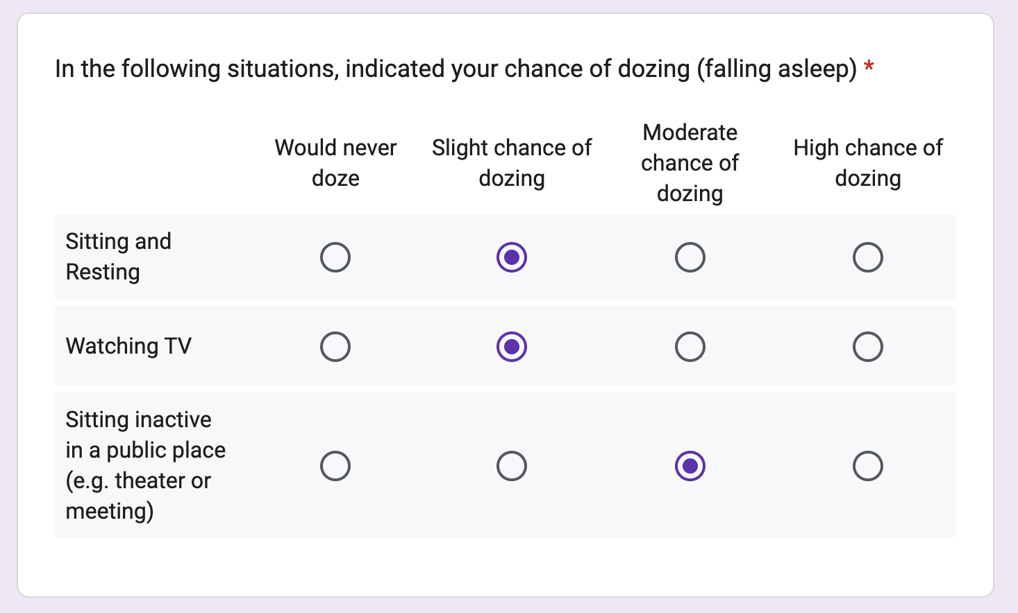 Example of a multiple choice grid survey question