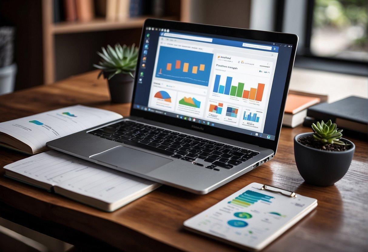 A laptop displaying Facebook Ads Manager with graphs and charts, surrounded by marketing books and a notepad with ad optimization tips | FintechZoom