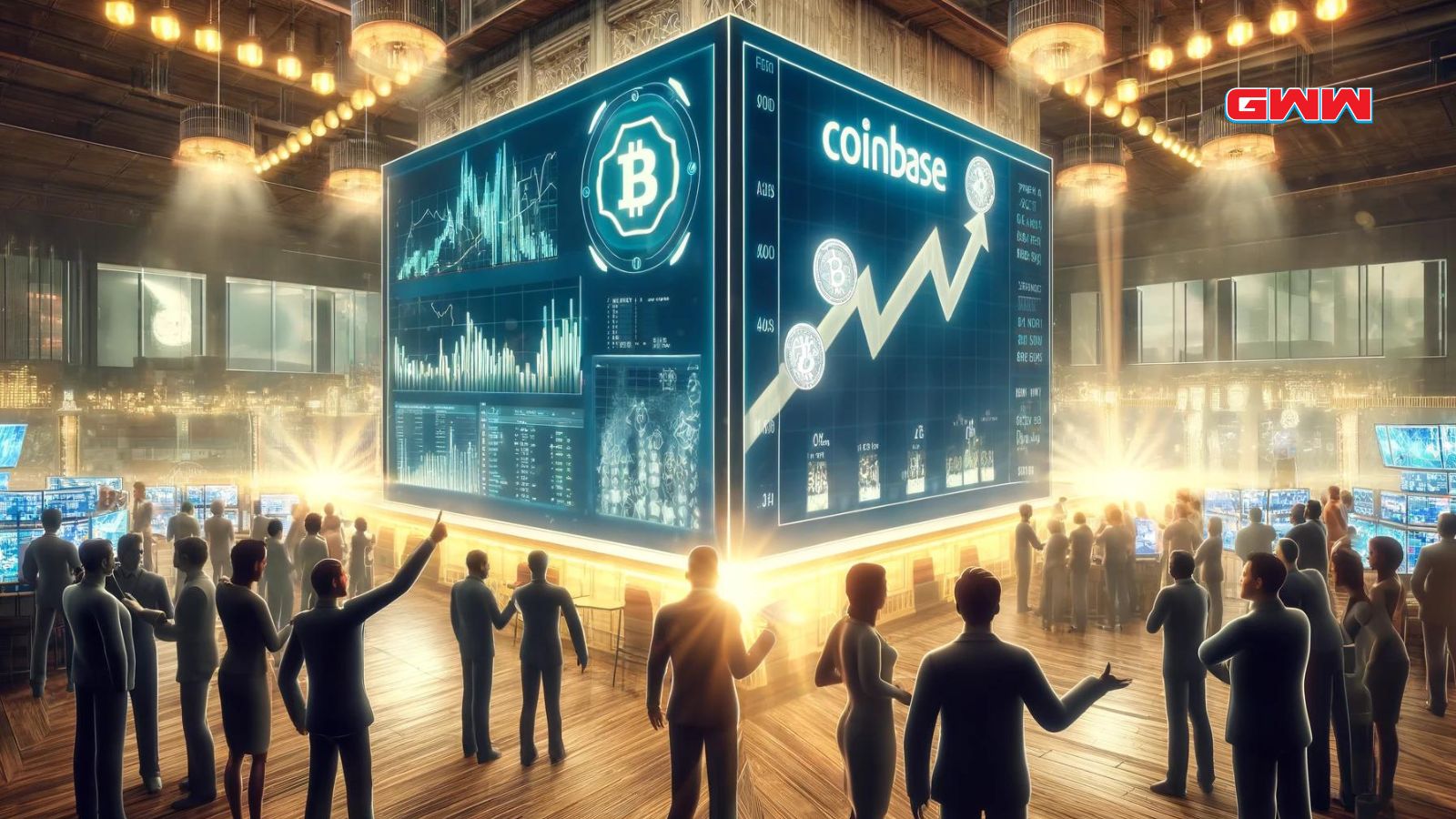 Coinbase performance display on a busy stock market floor