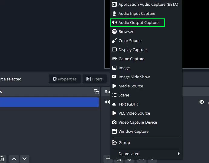 The Add Source dropdown menu in OBS, the Audio Output Capture option is highlighted