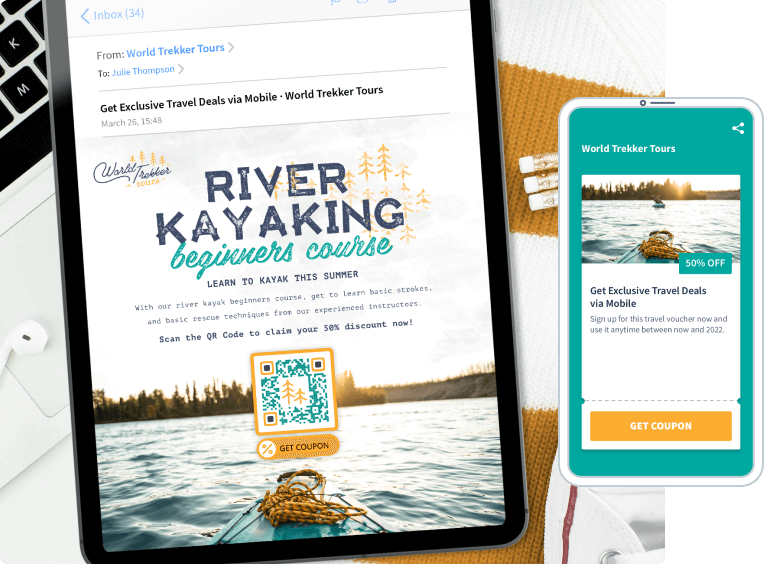 A Coupon QR Code offering a 50% discount on river kayaking courses and other travel deals.