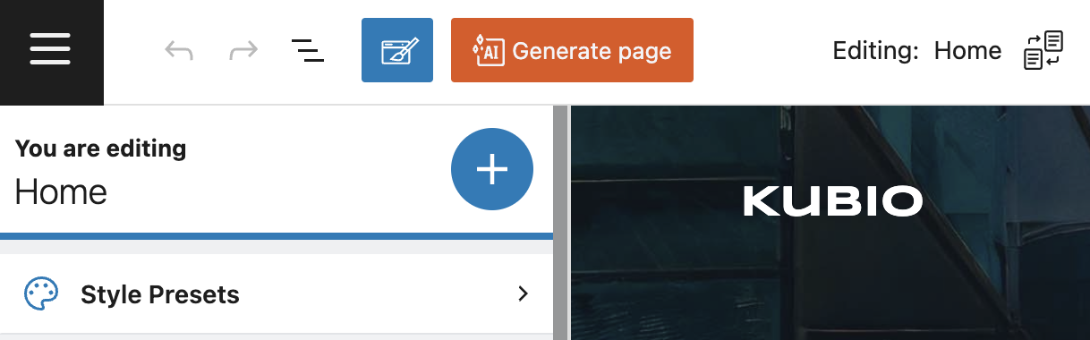 Screenshot of the Kubio builder featuring the AI "Generate Page" button.