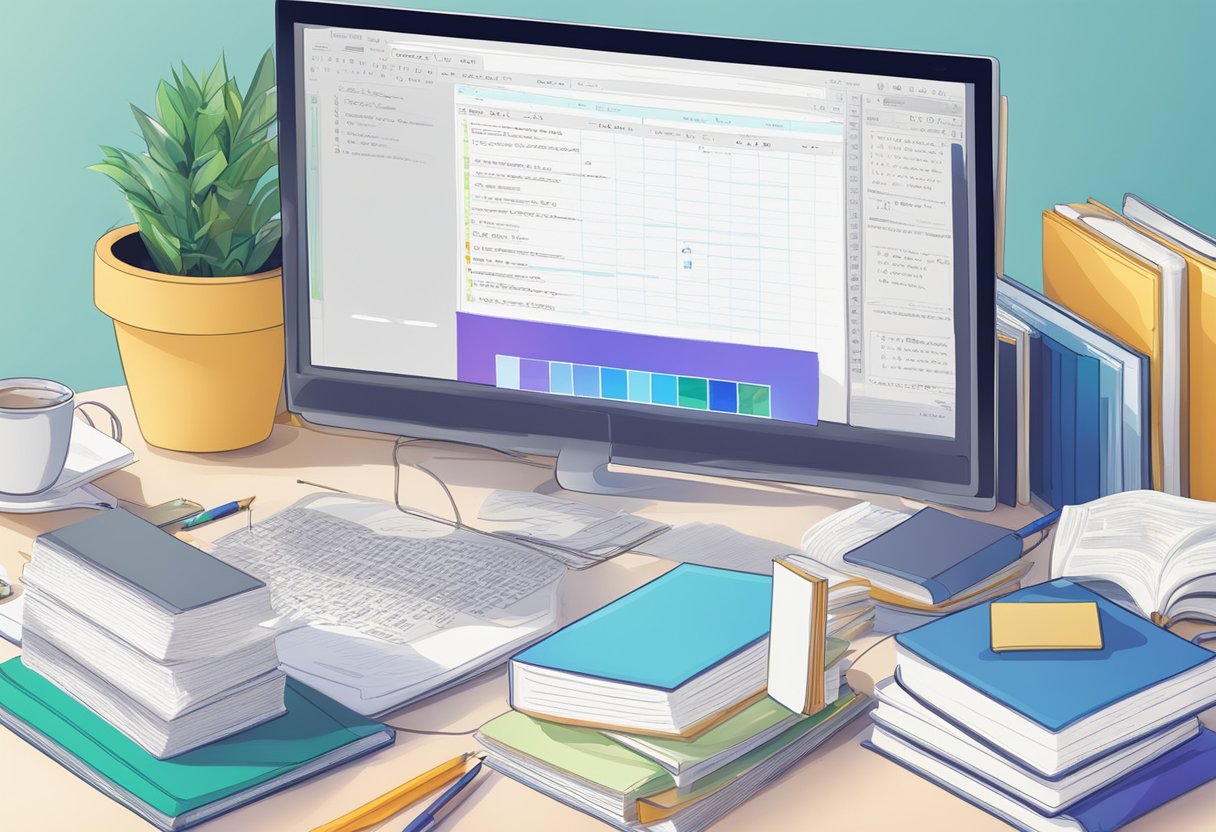 An illustration depicting a productive learning environment with a computer screen displaying code, indicative of a student's journey on how to learn software development. Books, notes, and a plant complete the scene.