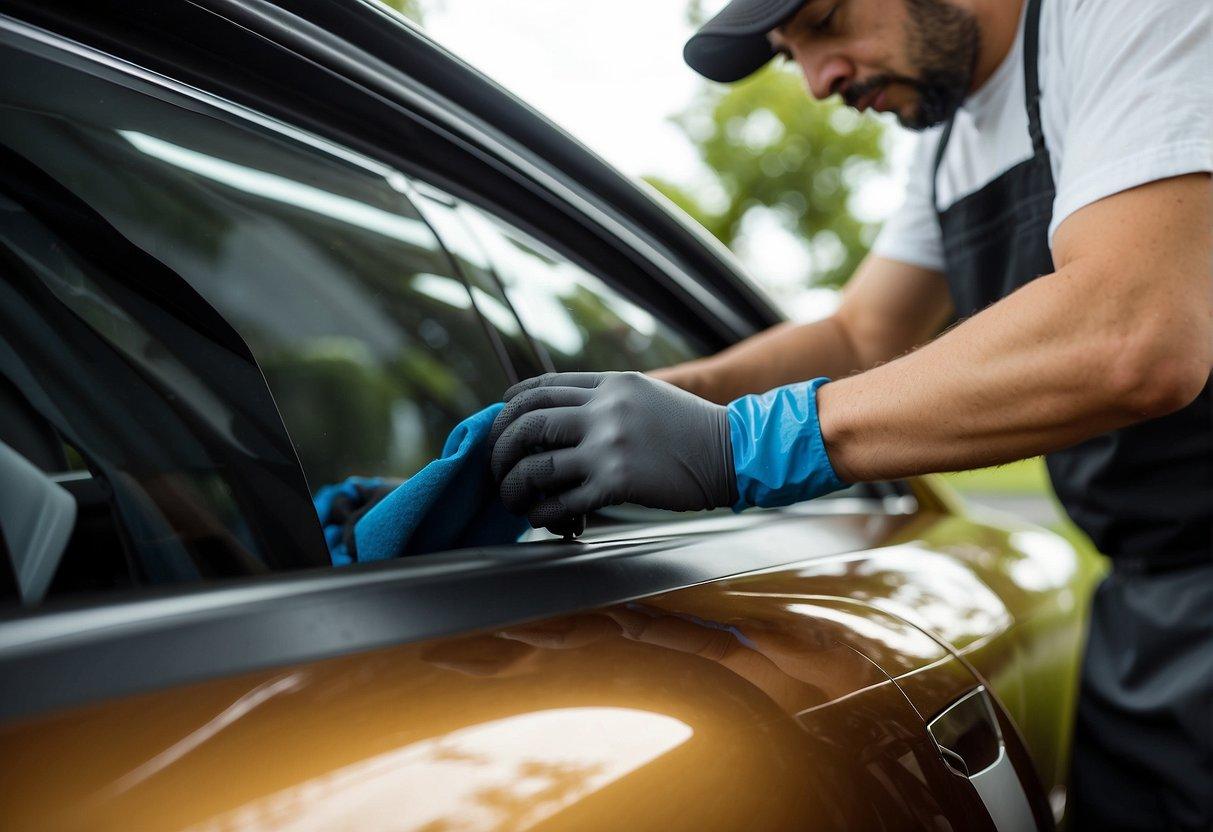 A mobile detailing technician applies ceramic coatings to a car's exterior using a foam applicator, ensuring even coverage for long-lasting protection