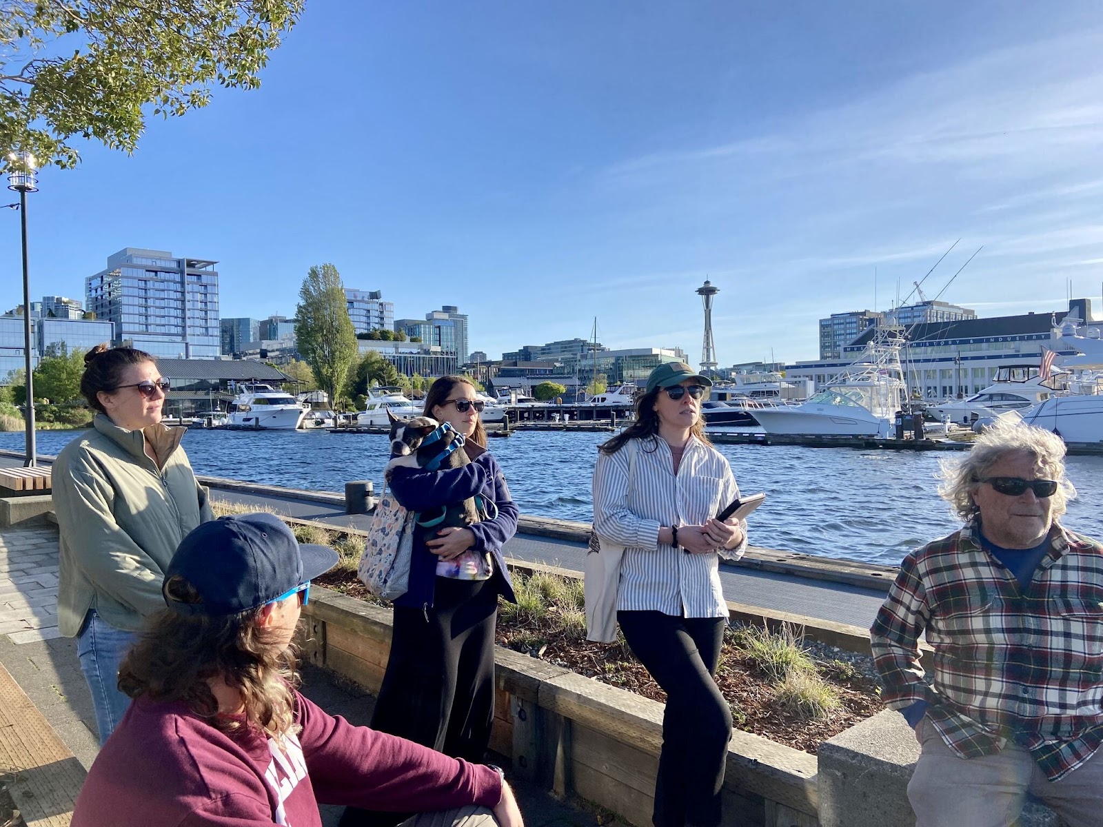 Cara Kuhlman, second from right, on a tour of the Seattle waterways in May 2024. She began offering these tours as part of community engagement for her site, Future Tides. (Photo courtesy of Cara Kuhlman)