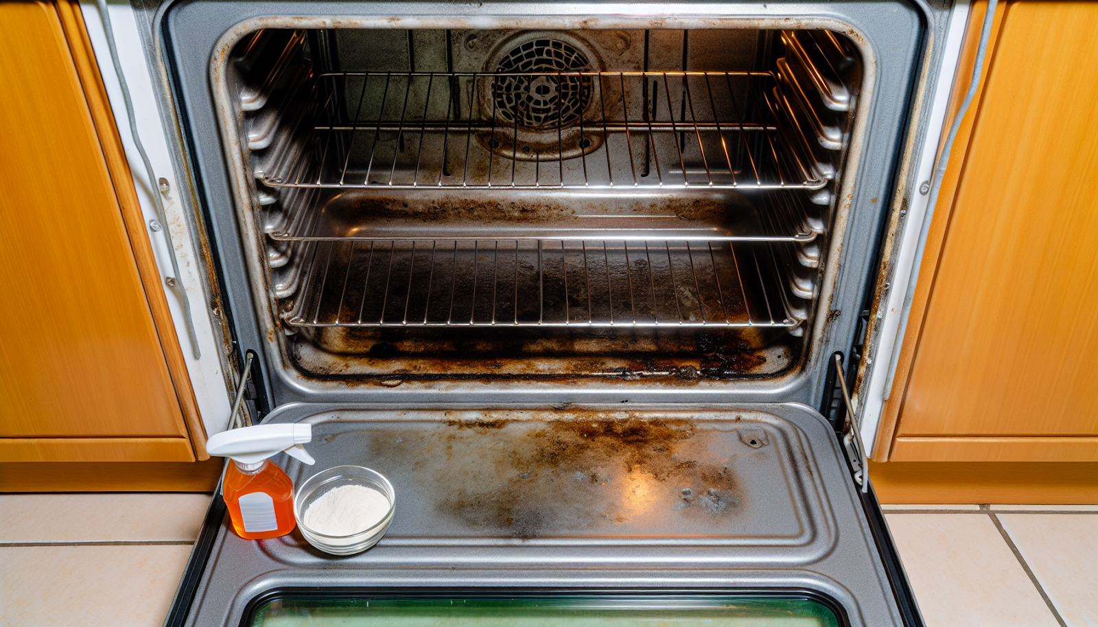 Oven interior covered in grease and grime